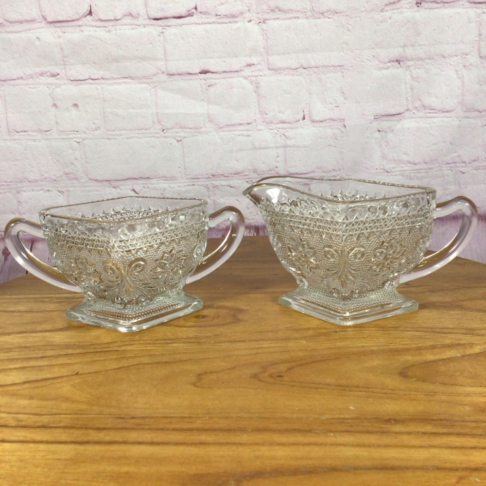 Vintage Indiana Glass Tiara Sandwich Glass Clear Open Sugar Bowl And Creamer Set